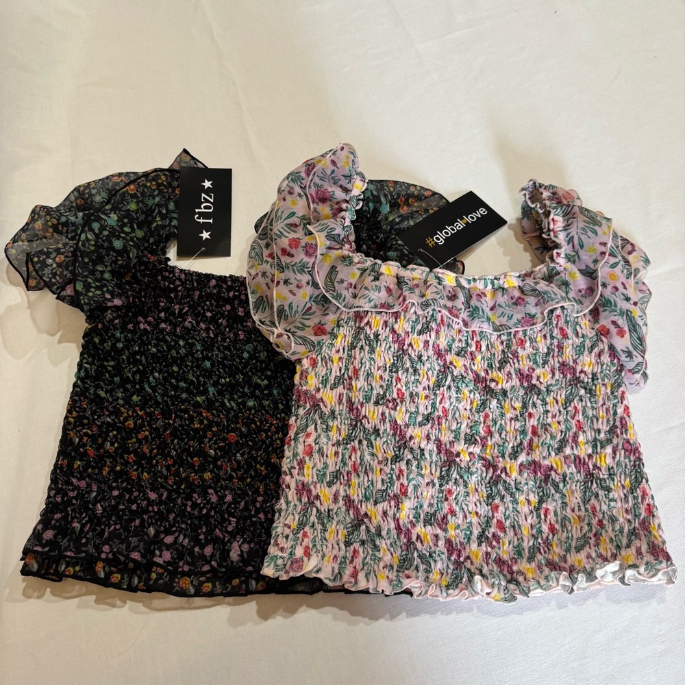 (2) Global Love / FBZ Smocked Floral Ruffle Sleeve Tops Bundle Girls Size XL NWT